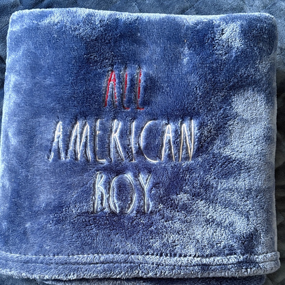 Blue Plush Blanket with "All American Boy" Embroidery